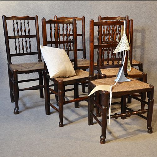 Antique Set Six 6 Kitchen Dining Chairs Lancashire Spindle Back Ash & Elm C1850