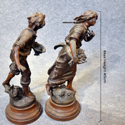 fig 1. Antique Statue Pair Figurines French Quality Bronze Spelter Sculpture c1890