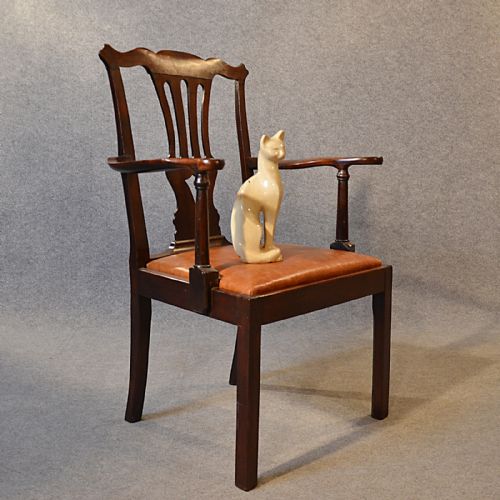 Antique Chair Carver Elbow Armchair English Leather Mahogany Chippendale C1770