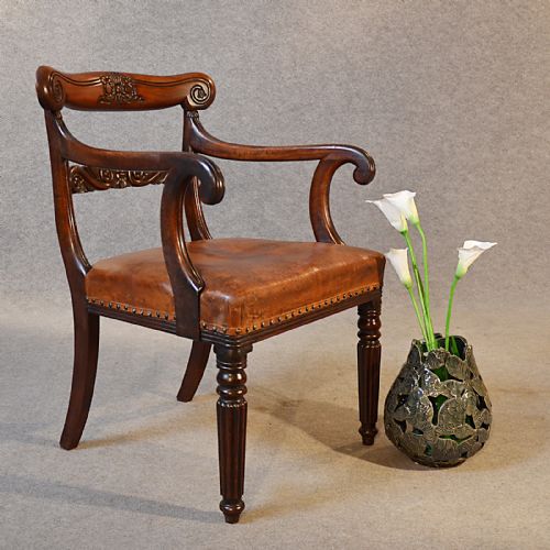 Antique Chair Scroll Arm Quality Leather Armchair Elbow Office Desk Study C1835