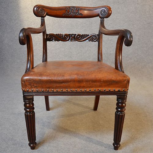 fig 3. Antique Chair Scroll Arm Quality Leather Armchair Elbow Office Desk Study c1835