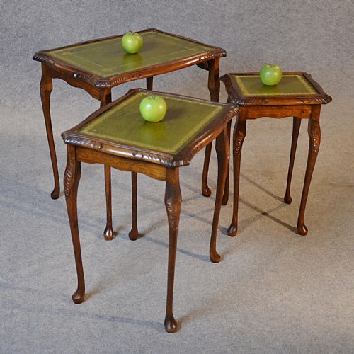 Antique Nest Tables Side Occasional English Edwardian Oak with Leather C1910