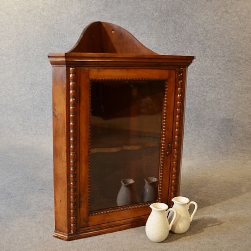 Antique Corner Display Cabinet English Victorian Fruitwood Wall Cupboard C1900