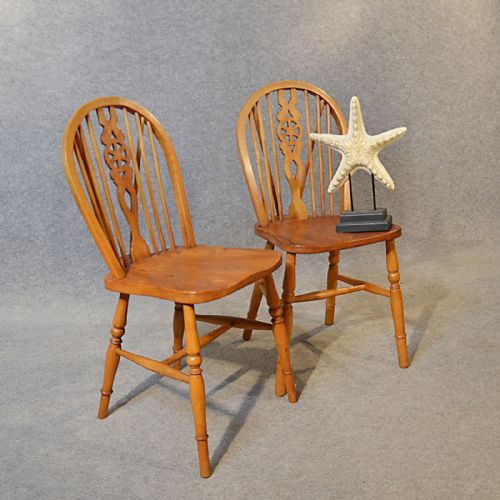 Antique Pair Chairs Victorian Elm Kitchen Dining Windsor Wheel Back C1900
