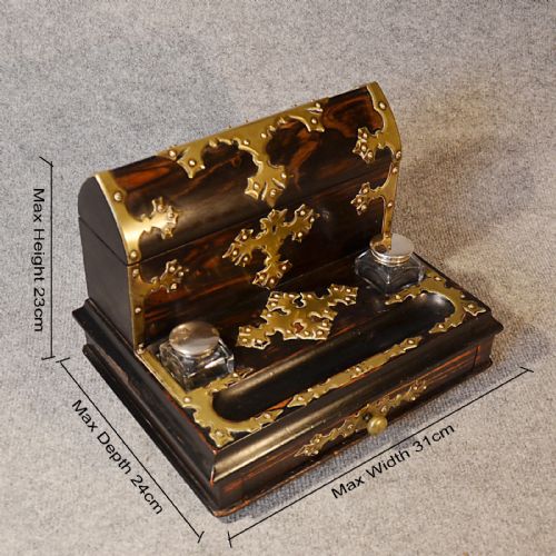 fig 1. Antique Writing Desk Stand in Coromandel Quality Stationery Box Ink Wells c1860