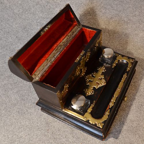 fig 2. Antique Writing Desk Stand in Coromandel Quality Stationery Box Ink Wells c1860
