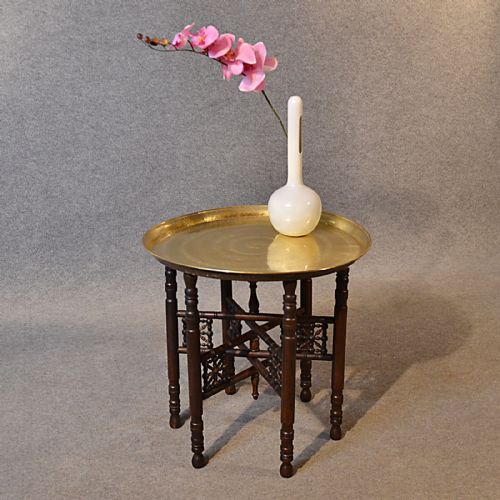 Antique Coffee Table Berber Benares Brass Tray Lamp Oriental Folding Stand C1900