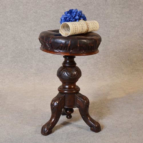 Antique Music Piano Stool Leather Button Adjustable Seat English Victorian C1880
