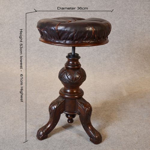 fig 1. Antique Music Piano Stool Leather Button Adjustable Seat English Victorian c1880