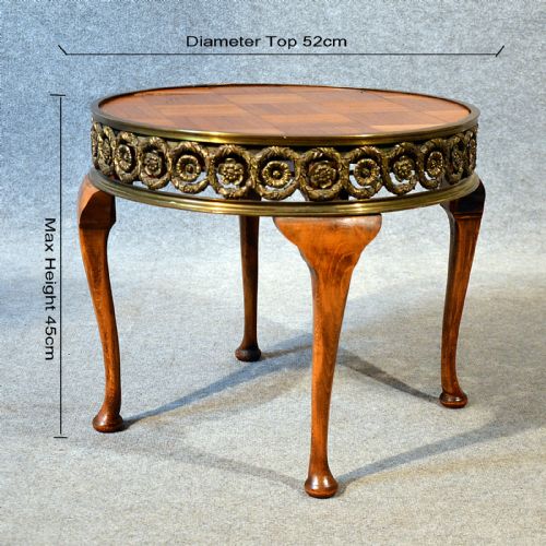 fig 1. Antique Coffee Table French Parquet Oak Brass Round Magazine Occasional c1910