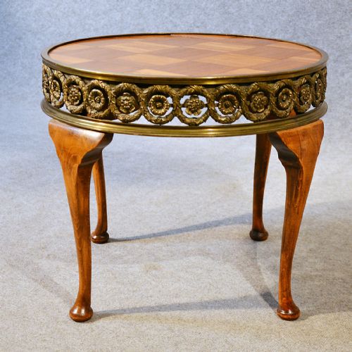 fig 2. Antique Coffee Table French Parquet Oak Brass Round Magazine Occasional c1910