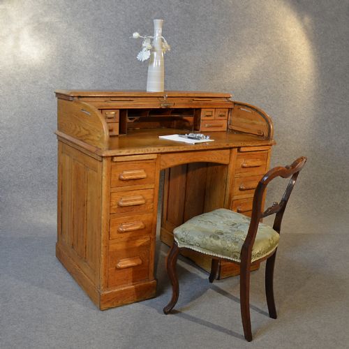 Antique Roll Top Desk Edwardian English Oak Tambour Pedestal Writing Table C1910