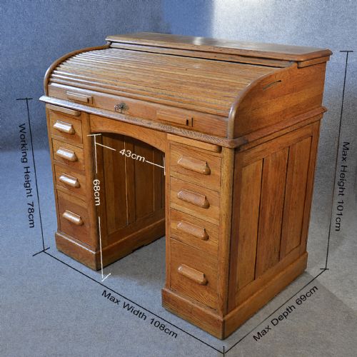 fig 1. Antique Roll Top Desk Edwardian English Oak Tambour Pedestal Writing Table c1910