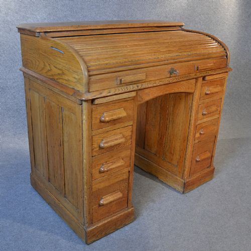 fig 2. Antique Roll Top Desk Edwardian English Oak Tambour Pedestal Writing Table c1910