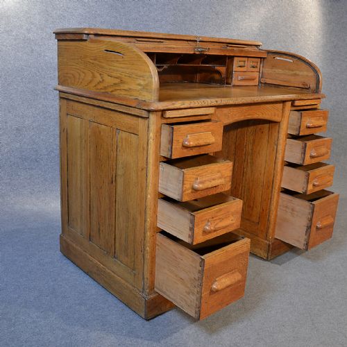 fig 3. Antique Roll Top Desk Edwardian English Oak Tambour Pedestal Writing Table c1910