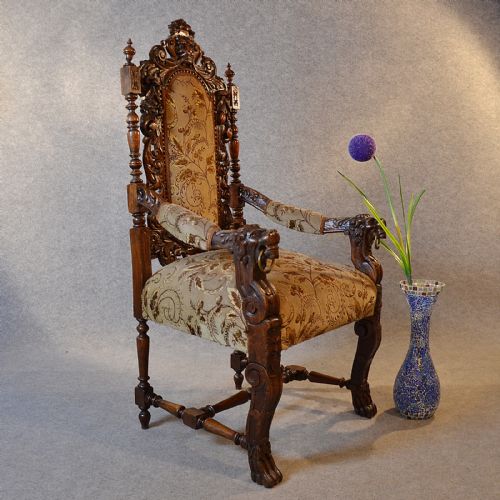 Antique Chair Oak Tall Carved Lions Mask Victorian English Throne Seat C1850