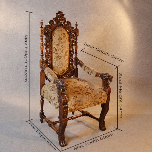 fig 1. Antique Chair Oak Tall Carved Lions Mask Victorian English Throne Seat c1850