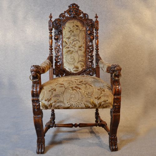 fig 3. Antique Chair Oak Tall Carved Lions Mask Victorian English Throne Seat c1850