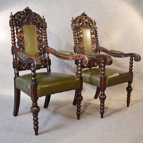 Antique Pair Chairs Oak Tall Carved Victorian English Leather Throne Seats C1880