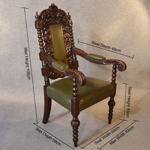 fig 1. Antique Pair Chairs Oak Tall Carved Victorian English Leather Throne Seats c1880
