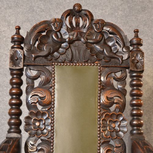 fig 2. Antique Pair Chairs Oak Tall Carved Victorian English Leather Throne Seats c1880