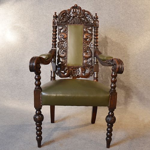 fig 3. Antique Pair Chairs Oak Tall Carved Victorian English Leather Throne Seats c1880