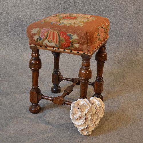 Antique Dressing Music Stool Footstool Needlepoint Tapestry English Oak C1880
