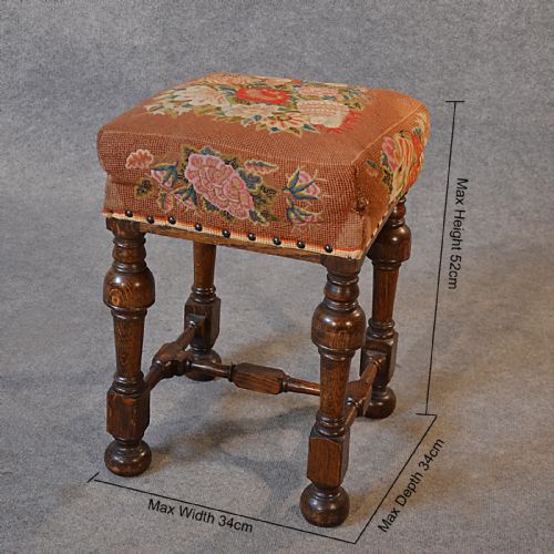 fig 1. Antique Dressing Music Stool Footstool Needlepoint Tapestry English Oak c1880