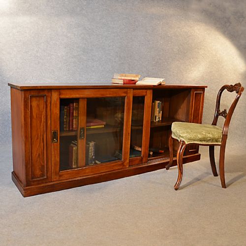 Antique Bookcase Walnut Library Cabinet Long Low Display English Victorian C1900