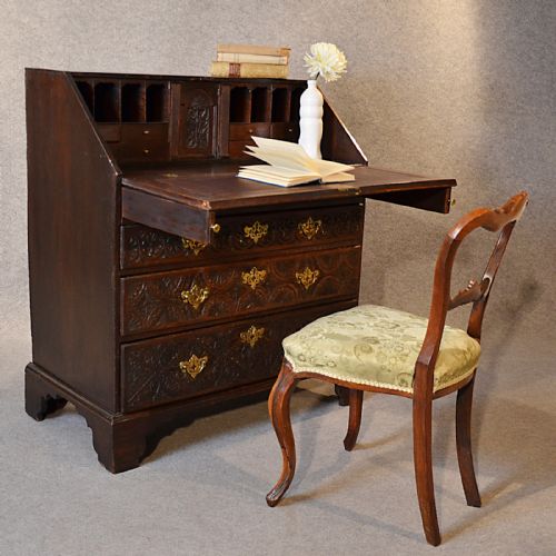 Antique Bureau Carved Oak 3' Georgian English 18th Century Writing Desk C1740