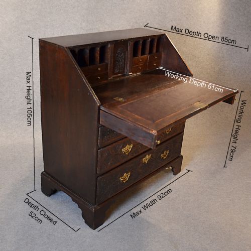 fig 1. Antique Bureau Carved Oak 3' Georgian English 18th Century Writing Desk c1740