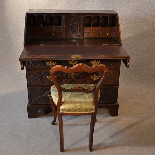 fig 2. Antique Bureau Carved Oak 3' Georgian English 18th Century Writing Desk c1740