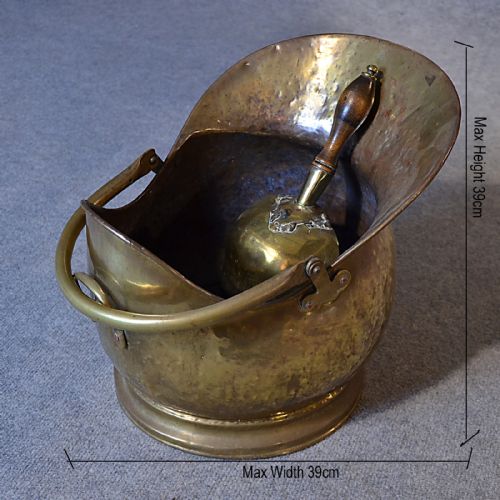 fig 1. Antique Log Bucket Coal Helmet Scuttle & Scoop Brass Victorian English c1880