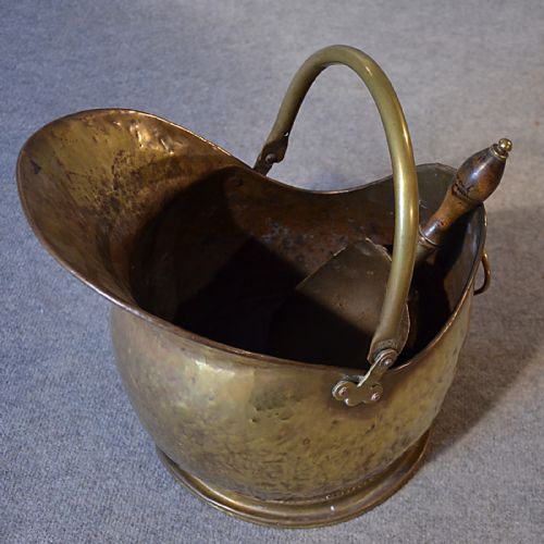 fig 2. Antique Log Bucket Coal Helmet Scuttle & Scoop Brass Victorian English c1880