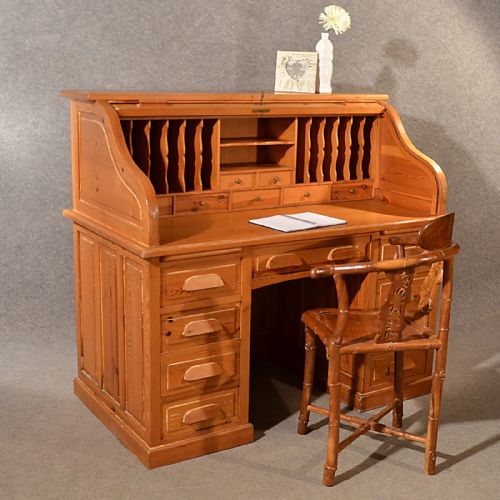 Antique Rolltop Bureau Pine Roll Top Tambour Desk Large Quality Edwardian C1910
