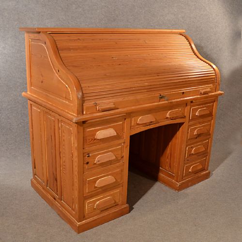 fig 3. Antique Rolltop Bureau Pine Roll Top Tambour Desk Large Quality Edwardian c1910