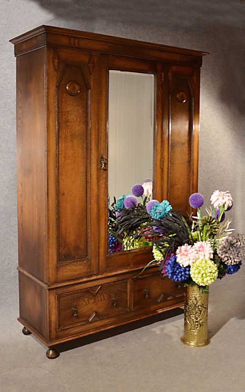 Antique Wardrobe Oak Compactum Mirror Door Quality Edwardian English C1910