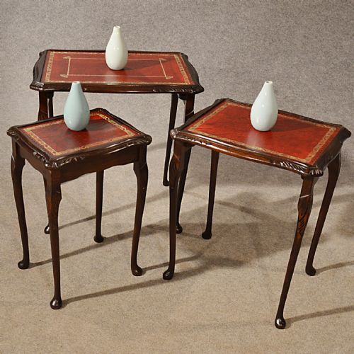 Antique Nest Tables Side Occasional English Edwardian Oak with Leather C1910
