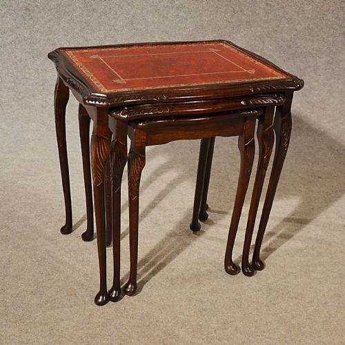 fig 2. Antique Nest Tables Side Occasional English Edwardian Oak With Leather c1910