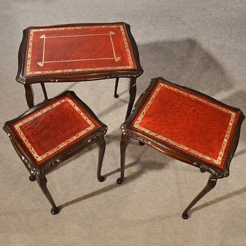 fig 3. Antique Nest Tables Side Occasional English Edwardian Oak With Leather c1910