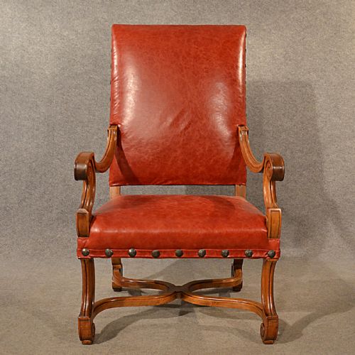 fig 2. Antique Leather Throne Chair Large Walnut Frame Chair French 19th Century c1880