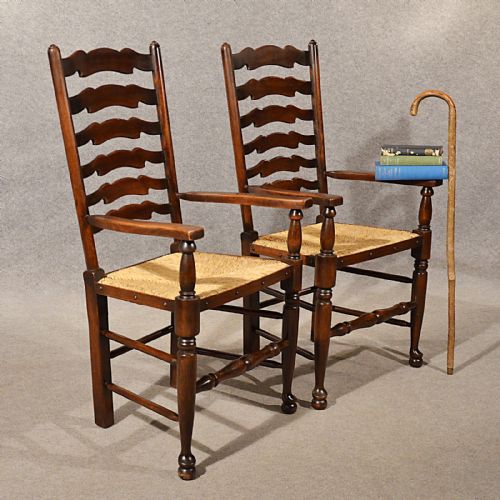 Antique Carver Chairs Elbow Armchairs Wavy Line Ladderback Rush Seat C1910
