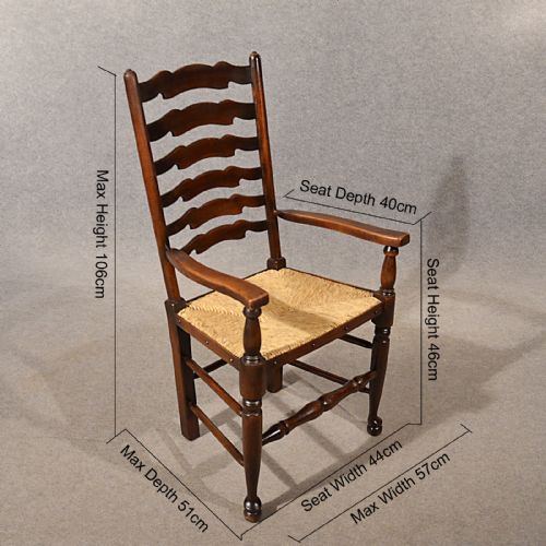 fig 1. Antique Carver Chairs Elbow Armchairs Wavy Line Ladderback Rush Seat c1910