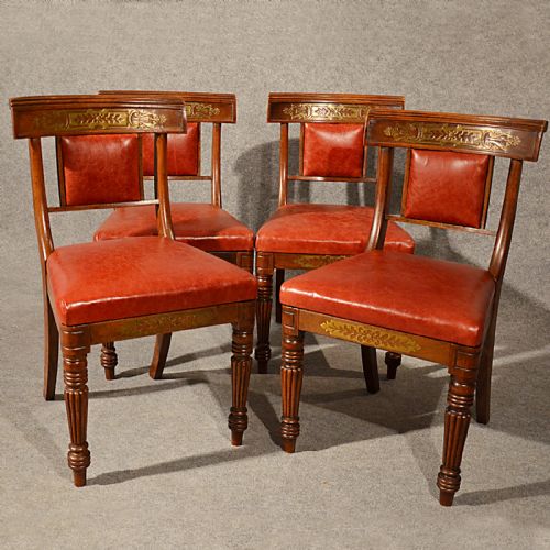 Antique Dining Chairs Leather Seat Quality English Regency Brass Inlaid C1880