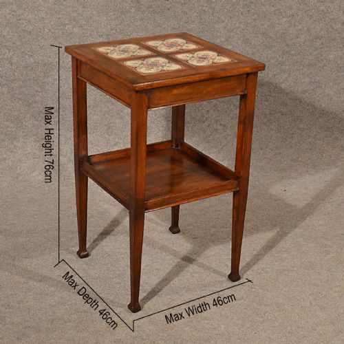 fig 2. Antique Oak Table Side Stand Two Tier Tile Top Arts & Crafts English c1900