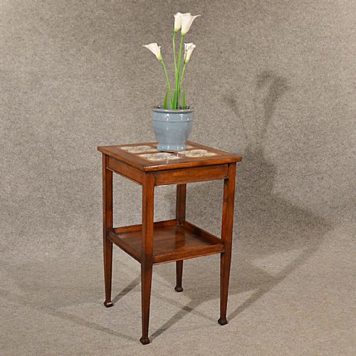 Antique Oak Table Side Stand Two Tier Tile Top Arts & Crafts English C1900