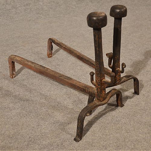 Antique Pair Fire Basket Dogs Andirons Hand-forged Iron Grate Rests C1850