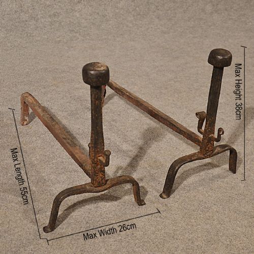 fig 1. Antique Pair Fire Basket Dogs Andirons Hand-forged Iron Grate Rests c1850
