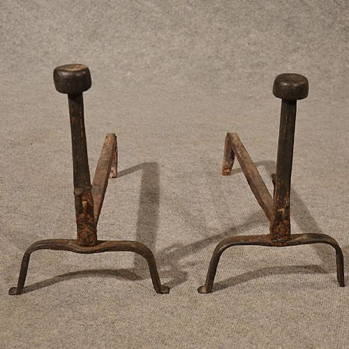fig 2. Antique Pair Fire Basket Dogs Andirons Hand-forged Iron Grate Rests c1850