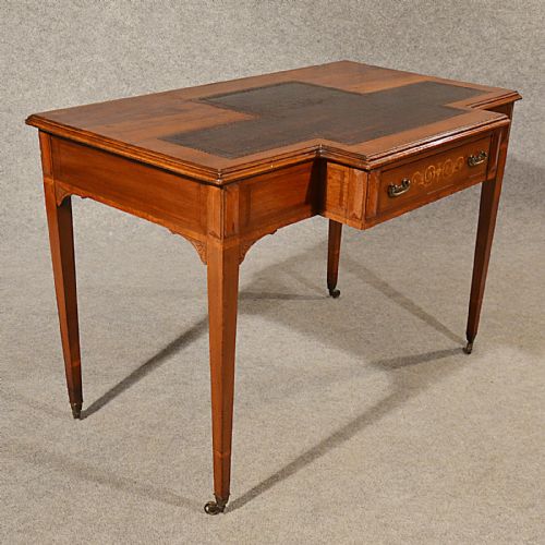 fig 4. Antique Desk Study Library Table Leather Top Fine Inlaid Victorian English c1880